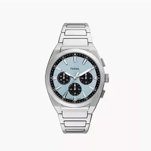 Everett Chronograph Stainless Steel Mens Watch with Sky Blue Face