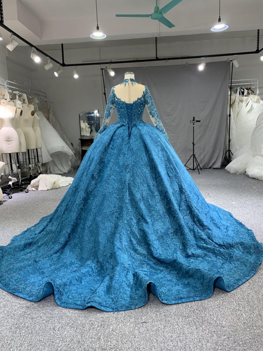 B208 #Large Trailing Tail Of Blue Lace Embroidery Long Sleeve Wedding Grown Dress - Image 7