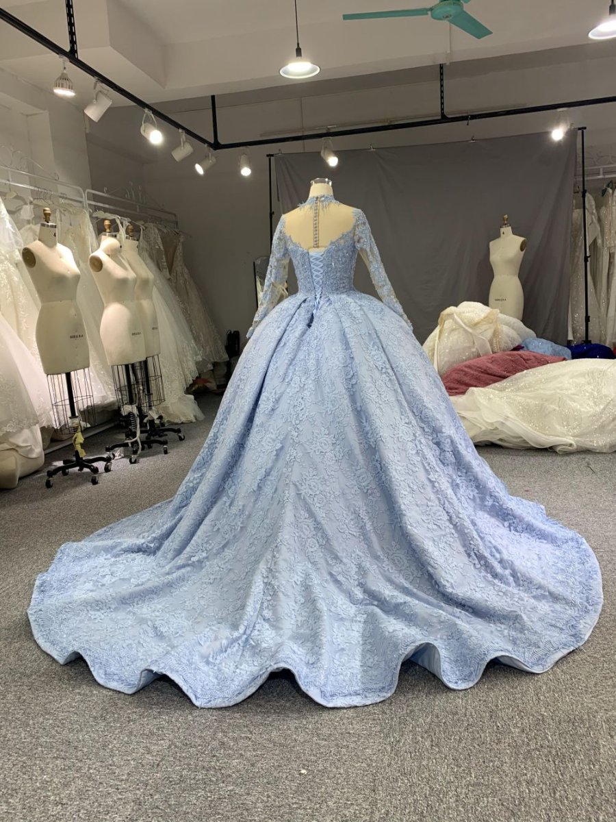 B208 #Large Trailing Tail Of Sky Blue Lace Embroidery Long Sleeve Wedding Grown Dresss - Image 7