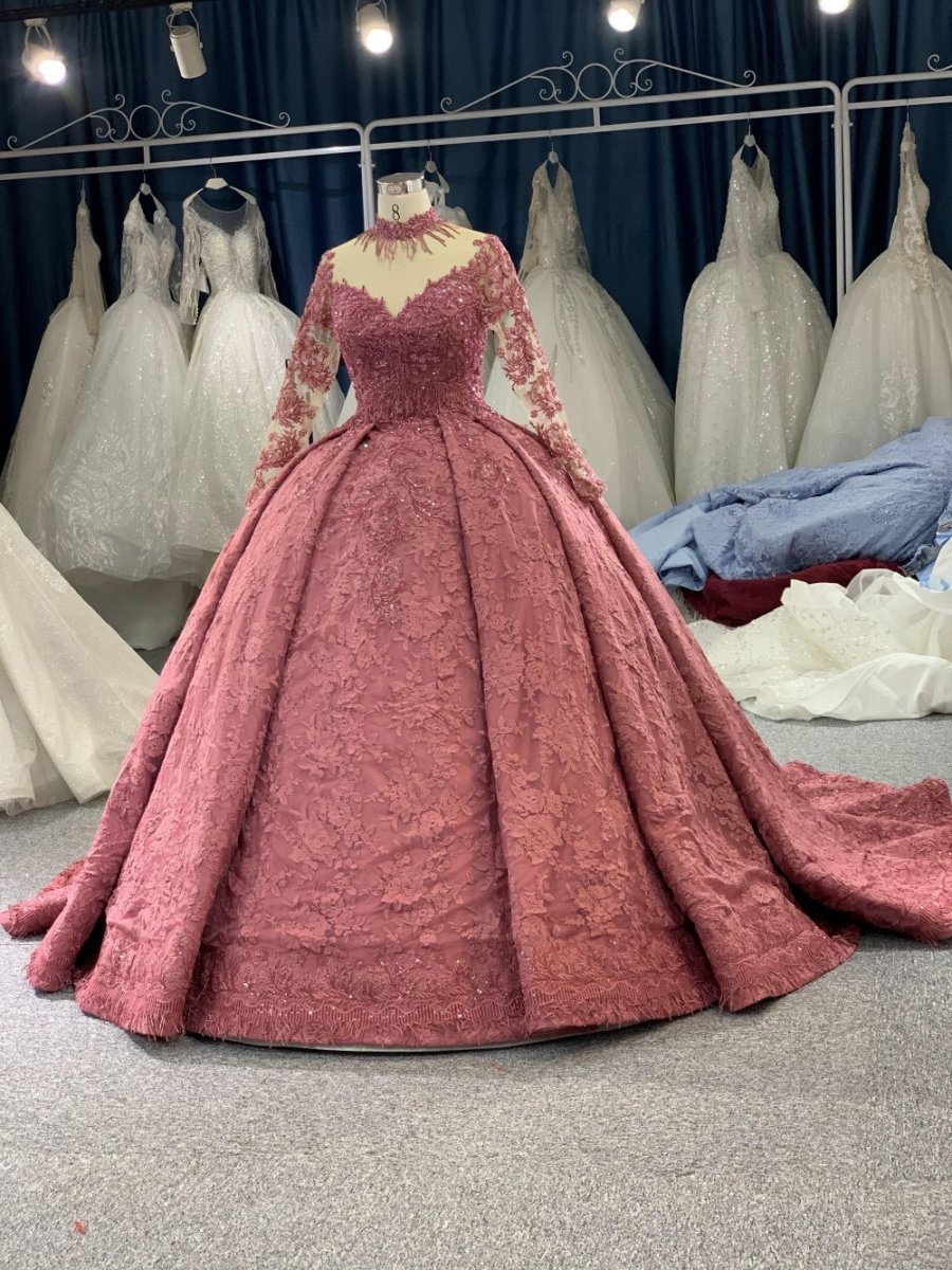 B208 #Large Trailing Tail Of Pink Lace Embroidery Long Sleeve Wedding Grown Dresss - Image 3